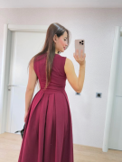 V Yaka Uzun Kolsuz Elbise- Bordo