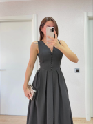 V Yaka Uzun Kolsuz Elbise- Siyah