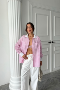 YAKA VE MANŞET BEYAZ  BOYFRİEND ÇİZGİLİ  POPLİN GÖMLEK - Pembe