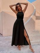 Kadın Boyundan Askılı Belden Lastikli Yandan Yırtmaç Detaylı Viskon Elbise