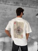 Erkek Ön Ve Arka Baskılı Oversize Bisiklet Yaka T-shirt - Beyaz