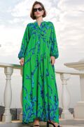 2423 Otantik Desenli Tesettür Elbise - Koyu Yeşil