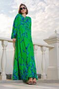 2423 Otantik Desenli Tesettür Elbise - Koyu Yeşil