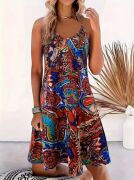 Kadın Ip Askılı V Yakalı Desenli Kısa Süprem Elbise