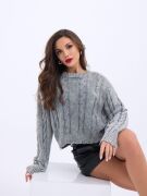 43331 TRİKO SAÇ ÖRGÜ KAZAK-GRİ