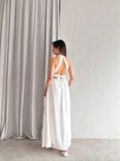 Kadın Krinkil Kumaş Beli Gipeli Halter Yaka Maxi Boy Elbise
