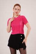 Fitilli Kısa Kollu Parlak Fuşya Bluz