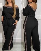 Kadın Uzun Kollu Omuzlardan Açık Beli Lastikli Cepli şerit Desenli Viskon Iki Iplik Tulum