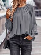 Kadın Uzun Kollu Yuvarlak Yaka önden Büzgülü Sandy Bluz