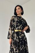 Siyah Reglan Kol Baskılı Elbise