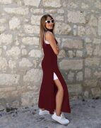 Kadın Yırtmaç Detaylı Viskon Kumaş Maxi Boy Cepli Iç Dahil Ikili Elbise