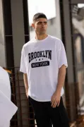 Unisex Bisiklet Yaka Baskılı Oversize T-Shirt - Beyaz