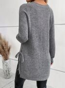 Kadın Uzun Kollu Yuvarlak Yakalı Yanlardan Bağcıklı Triko Bluz