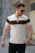 Erkek Fermuar Yakalı şerit Renk Desenli Kısa Kollu Tişört