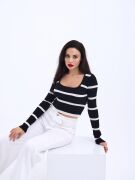 42221 TRİKO ÇİZGİLİ FİTİLLİ CROP-SİYAH-EKRU