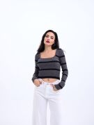 42221 TRİKO ÇİZGİLİ FİTİLLİ CROP-ANTRASİT-SİYAH