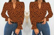 Kadın Uzun Kollu Baskılı V Hakim Yaka Helen Bluz
