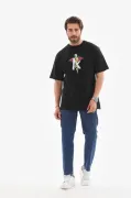 Unisex Bisiklet Yaka Baskılı Oversize T-Shirt - Siyah