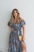 Kadın Kısa Kollu Madonna Yaka Fırfırlı Belden Yırtmaçlı Maksi Süprem Elbise