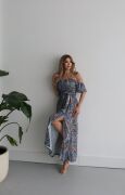 Kadın Kısa Kollu Madonna Yaka Fırfırlı Belden Yırtmaçlı Maksi Süprem Elbise