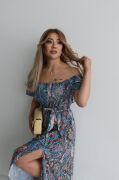 Kadın Kısa Kollu Madonna Yaka Fırfırlı Belden Yırtmaçlı Maksi Süprem Elbise
