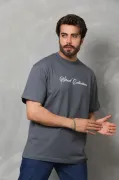 Unisex Bisiklet Yaka Baskılı Oversize T-Shirt - Füme