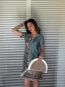 Kadın Kısa Kollu V Yakalı çiçek Baskılı Midi Süprem Elbise