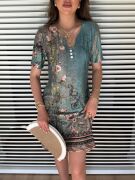 Kadın Kısa Kollu V Yakalı çiçek Baskılı Midi Süprem Elbise