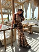 Kadın Saten Kumaş Leopar Desenli Uzun Askılı Elbise