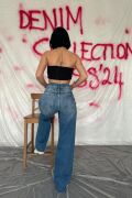 Mavi Yüksek Bel Ve Geniş Paça Jeans Pantolon