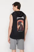 Unisex Kapşonlu Kolsuz Baskılı Oversize T-shirt - Siyah