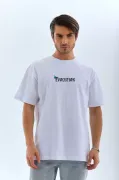 Unisex Bisiklet Yaka Baskılı Oversize T-Shirt - Beyaz