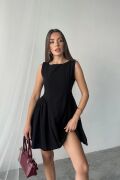 Siyah Mini Boy Büzgülü Keten Elbise