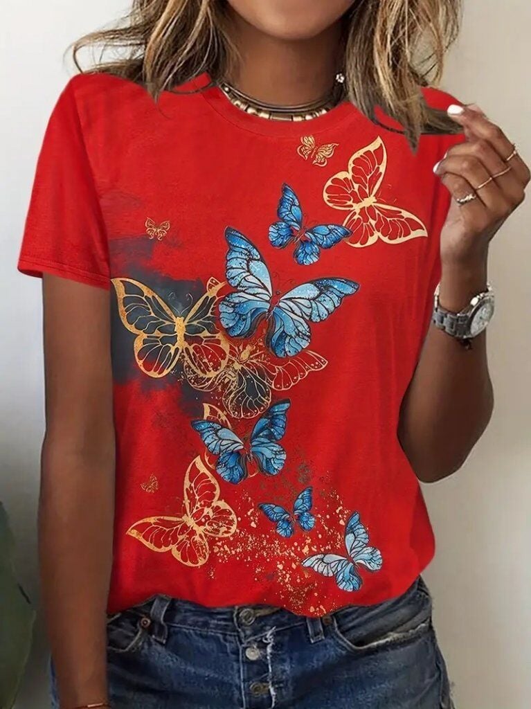Kadın Kısa Kollu Mavi Sarı Kelebek Baskı Süprem Bluz
