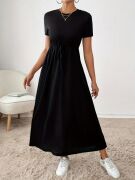 Kadın Kısa Kollu Bisiklet Yaka Belden Bağcıklı Cepli Viskon Elbise