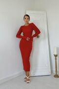 Kırmızı Kolları Örgülü Triko Elbise
