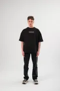 Unisex Bisiklet Yaka Baskılı Oversize T-Shirt - Siyah