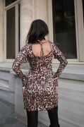 Kadın Uzun Kollu Kayık Yaka Leopar Baskılı Mini Elbise