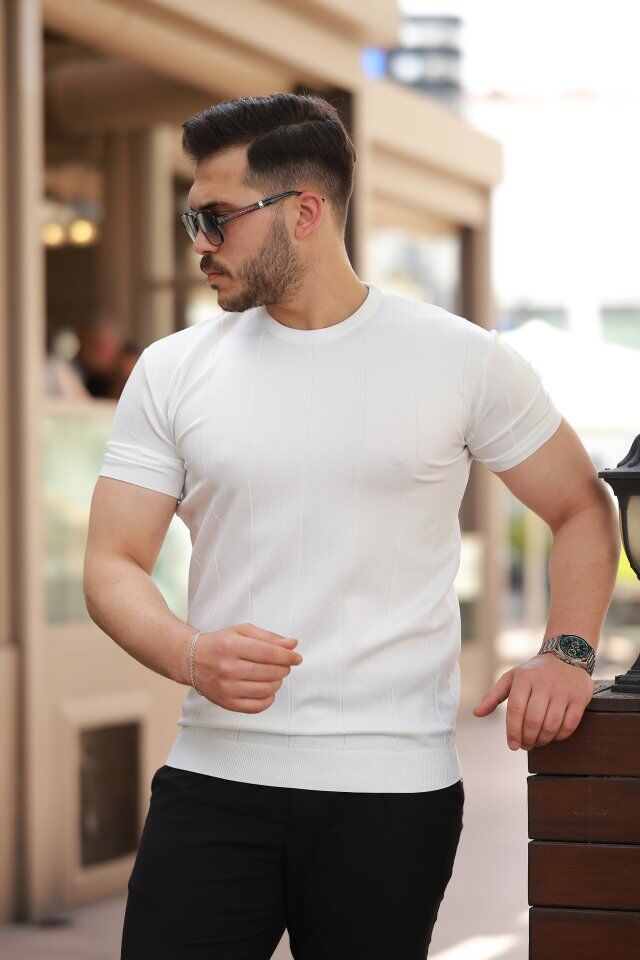 Erkek Ince çizgi Dokulu Bisiklet Yaka Kısa Kollu T-shirt