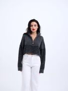 43311 TRİKO ÇİZGİLİ FERMUARLI CROP-ANTRASİT-SİYAH