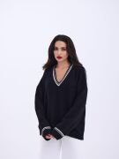 43291 TRİKO V YAKA ÇİZGİLİ KAZAK-SİYAH-EKRU