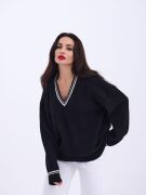 43291 TRİKO V YAKA ÇİZGİLİ KAZAK-SİYAH-EKRU