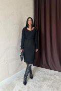 Siyah Kemerli Triko Elbise
