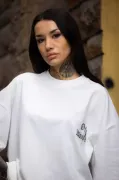 Unisex Bisiklet Yaka Baskılı Oversize T-Shirt - Beyaz