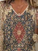 Kadın Fakir Kollu V Yakalı Etnik Desenli Süprem Bluz