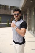 Erkek Polo Yaka Fermuar Detaylı Çizgili Tişört