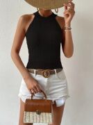 Kadın Kolsuz Halter Yaka Mini Baklava Desenli Triko Bluz