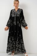 2423 Otantik Desenli Tesettür Elbise - Siyah - Beyaz 1