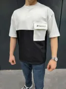 Unisex Torba Cep Detaylı  Parçalı T-Shirt - Siyah