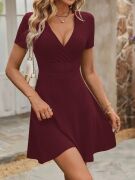 Kadın Kısa Kollu Kruvaze Yaka A Kesim Kalın Fitilli Kaşkorse Elbise